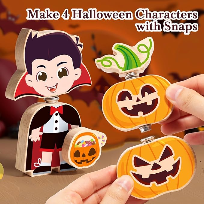 HUZU Halloween Snap Together Dress Up Building Blocks Toys, Witch Vampire Skeleton Pumpkin Take Apart Characters, 3 4 5 6 7 8 Years Old Kids Wooden Puzzle, STEM Fine Motor Skill Halloween Party Gift