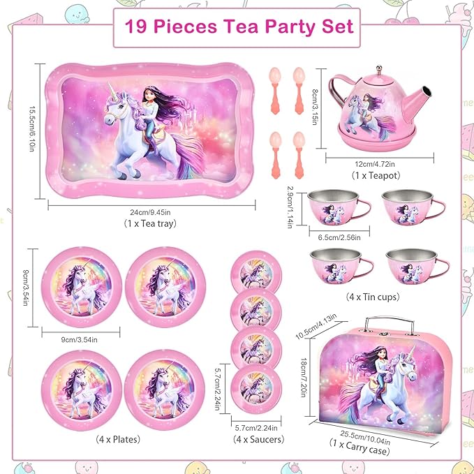 Unicorn Tea Party Set for Toddler Girls – 19-Piece Pretend Play Tin Tea Set with Teapot, Cups, Plates, Spoons & Carrying Case – Princess Kitchen Toys for Kids Ages 3-8 – Birthday Gift