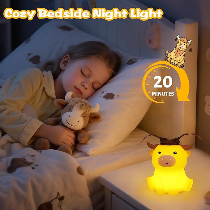 Highland Cow Night Light, Cute Animal Silicone Touch Cow Lamp, Highland Cow Gifts for Boys Girls Women Christmas, Dimmable Soft Glow Bedside Lamp for Nursery Bedroom Decor