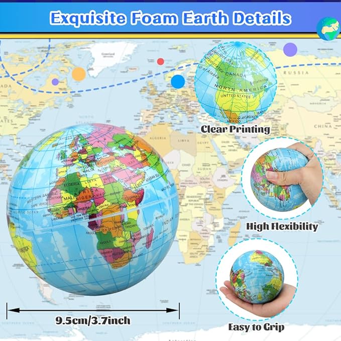 Mini 3.7" Foam Earth Ball Soft Squishy Toys , Globe World Map Planet Balls for Kids Toddler, Educational Geography, Sensory Fidget Desk Toy for Solar Systerm,Learning, Classroom Prize Gift (3PCS )