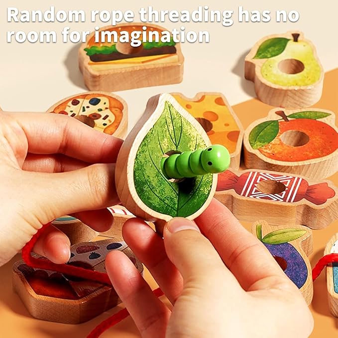 2025 New Upgrade Wooden Greedy Caterpillar Rope Toy,Greedy Caterpillar Lacing Toy,Threading Toys,2.5 in Fruit & Vegetable Caterpillar Lacing Bead String Game for 3+ Year Old