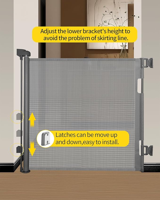 Retractable Baby Gate for Stairs – 33” Height, Expands up to 55” Width – Safety Gate for Infants, Toddlers, Dogs & Pets – Easy Install, Secure Closure, Gray Mesh Design for Indoor & Outdoor Use