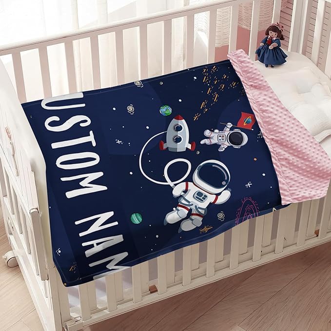 Custom Baby Blanket, Personalized Baby Blankets with Name for Boys Girls, Flannel Double Layer Dotted Backing Receiving Swaddle for Infant Toddler, Customized Gift, Astronaut Pattern(60"x80")