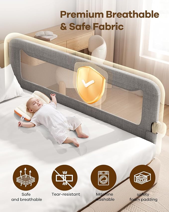 Foldable Bed Rail for Toddlers, 71in Reinforced Carbon Steel Frame&Connectors, Breathable Cationic Fabric - Safety Toddler Bed Rails for Queen, King, Twin, Full, No-Tool Setup.