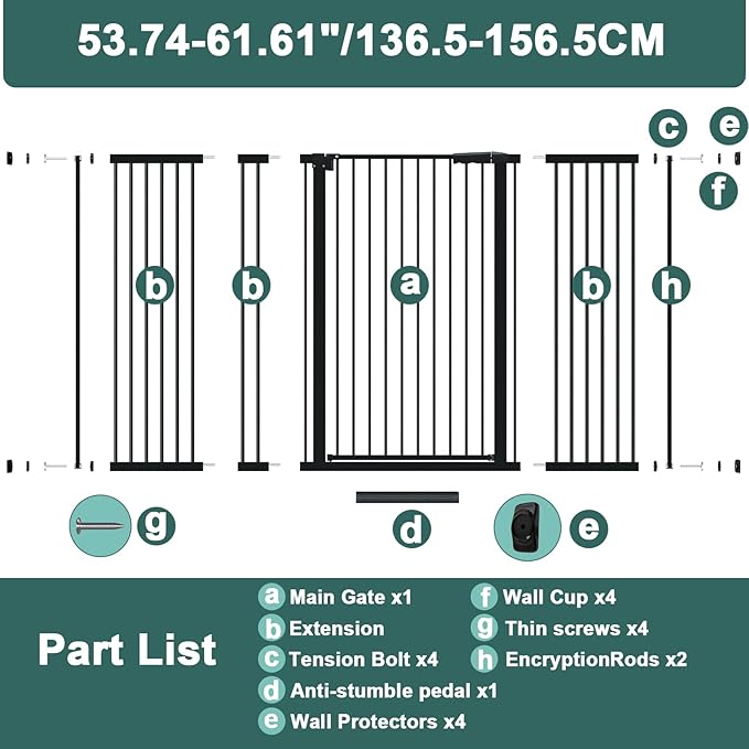 40.55" Tall 1.37" Ultra Narrow Spacing Dogs Pets Baby Gate for Doorway Safety Proof Indoor 53.74-61.61" Extra Wide Puppy Pressure Mounted No Drill Walk Through Black Metal Hallway