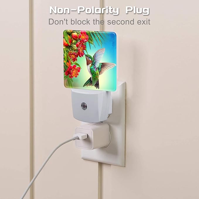 Hummingbird with Flowers Night Light for Kids,Red Tropical Floral Leaves Hummingbird Night Light Plug in with Dusk to Dawn Sensor,0.5w Energy Saving Nightlight for Hallway Stairway Kitchen Bedroom