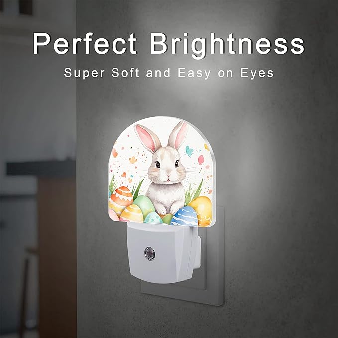 Easter Rabbit and Eggs Night Light Plug into Wall,Happy Easter Bunny Watercolor Floral Dusk to Dawn Night Light Plug in,0.5w Energy Saving Sleep Friendly NightLight for Kids Boys Girls Home Decor