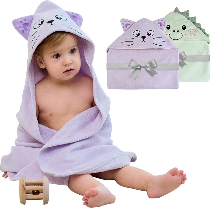 Viviland 2 Pack Hooded Baby Towels, Soft 100% Cotton Baby Bath Towels with Hood, Extra Thick and Absorbent, Essential for Newborns, Kids, Infants - Girls and Boys (Dinosaur & Cat)