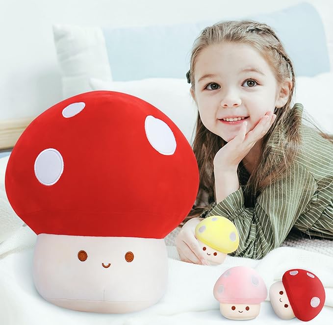 4PCS Mushroom Plush, 12 Inch Mushroom Plush Pillow with 3 Babies, Mushroom Stuffed Animals, Plush Toy Pillows, Mushroom Stuffed Pillow Room Decor Gift for Kids Adults