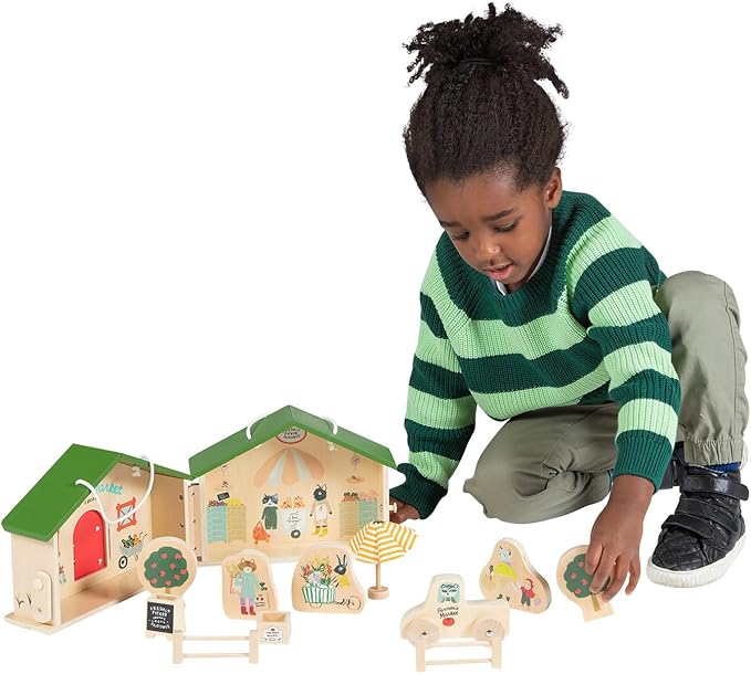 Manhattan Toy Farmer’s Market Day 12-Piece Portable Wooden Toy Figure Pretend Shopping Playset