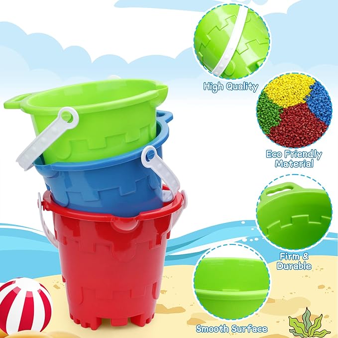 Beach Sand Toy Bucket Gear For Kids Adult, 7" Plastic Beach Castle Mold Buckets, Sand Pail Water Bucket for Summer Party Fishing, Space Saving Outdoor Waterpot for Garden Camping Accessory (3PCS)
