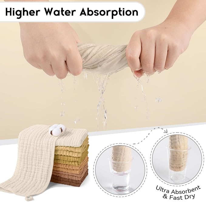 Muslin Burp Cloths for Baby 100% Cotton Burping Cloths for Boys Girls Large 20''X10'' Extra Soft and Absorbent 12 Pack - Gradient Brown