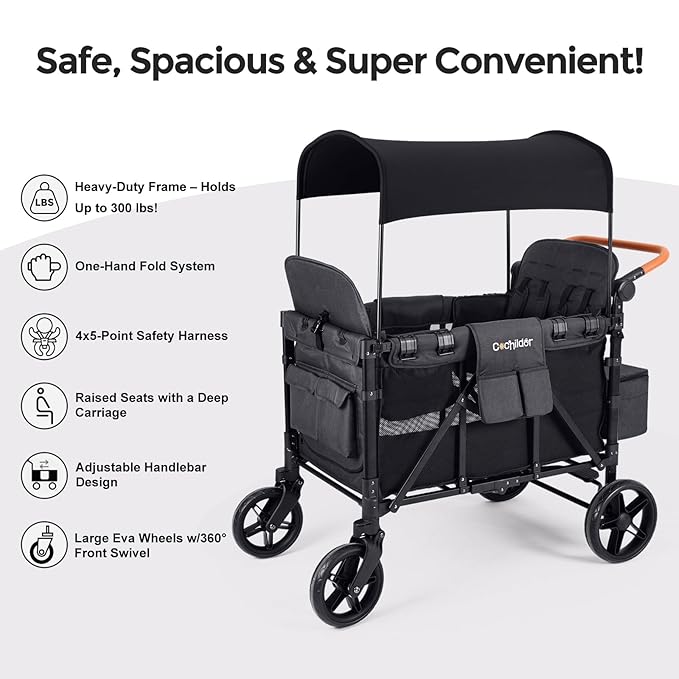 Elite 4-Seater Wagon Stroller for 2-4 Kids, One-Hand Fold, High Seats with 5 Point Harness, Adjustable Handle & Canopy, Dark Gray