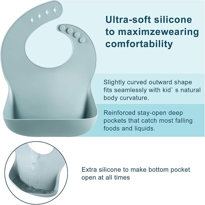 PandaEar 3 Pack Silicone Bibs for Babies Toddlers Girls, Adjustable Fit BPA Free Waterproof Bibs with Pocket Food Catcher (Blue/Pink/Purple)