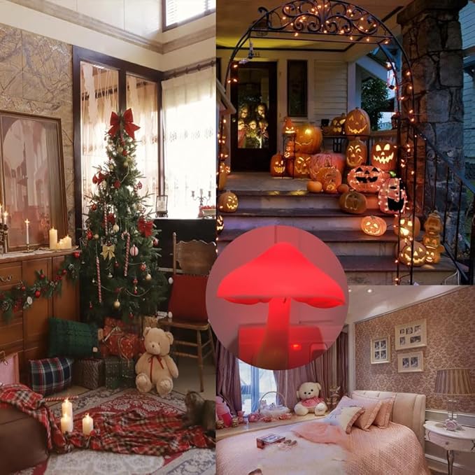 2 Pcs LED Night Light Plug in Nightlight Wall Lamp, Mushroom Night Light Mini Magic Night Lights for Adults Kids Bedroom, Bathroom,Toilet,Stairs,Kitchen,Hallway Red Led Light