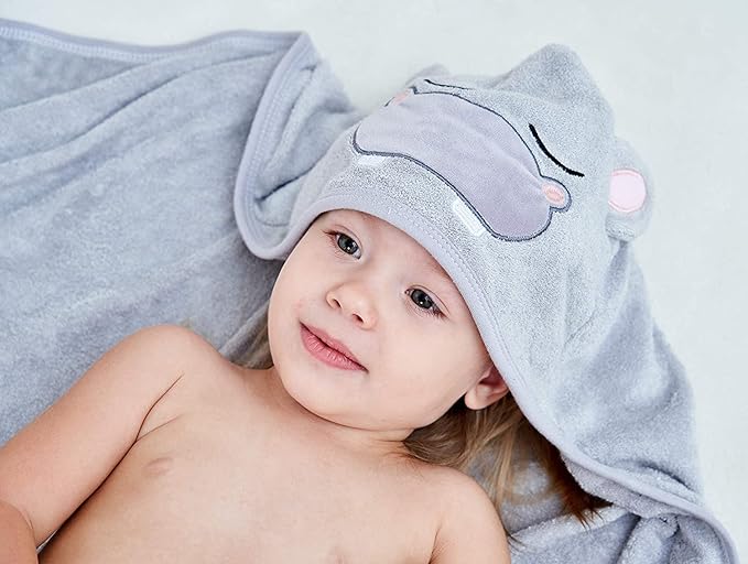 HIPHOP PANDA Hooded Towel - Rayon Made from Bamboo, Bath Towel with Bear Ears for Newborn, Babie, Toddler, Infant - Absorbent Large Baby Towel - Hippo, 30 x 30 Inch