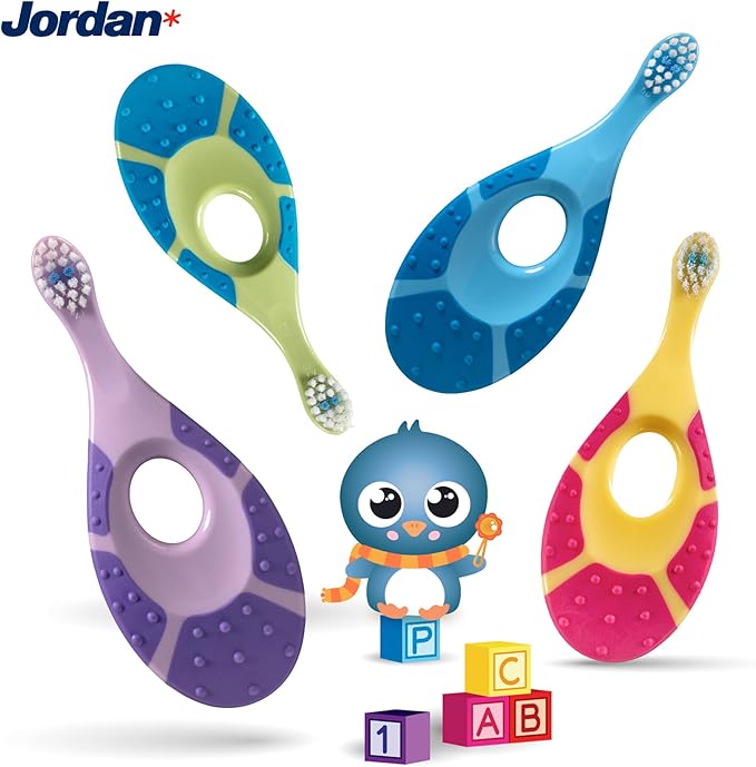 Jordan* | Step 1 Baby Toothbrush | 0-2 Years, Soft Bristles, BPA Free | Green & Blue | 4 Pack