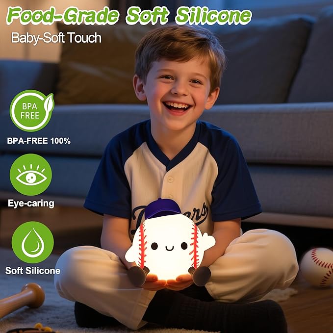 Baseball Night Light, Dimmable Silicone Touch Lamp with USB Rechargeable Soft Glow Bedside Lamp for Boys Bedroom Decor, Baseball Gifts for Boys Sport Fans Birthday Xmas