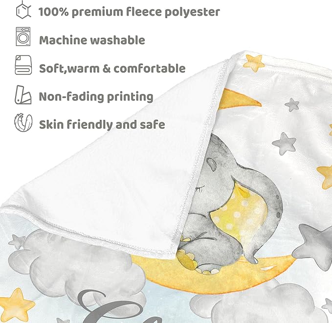J&SBGFT Personalized Baby Blanket for Boys,Custom Baby Blanket with Name, Customized Name Blanket Receiving Blankets for Toddlers Kids Nursery Stroller Crib Decor Throw,Gray Elephant