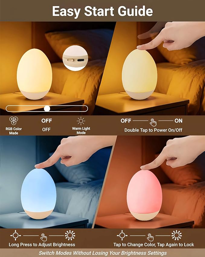 Egg Baby Night Light for Nursery & Breastfeeding – Portable Touch Light with 7 RGB Colors, Stepless Dimming, Rechargeable, BPA-Free Soft Silicone, Compact Lamp for Kids & Newborns