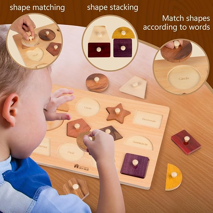 Adena Montessori Wooden Shape Peg 12 Piece of Colorful Shape Cognition Knob Puzzles Baby & Toddler Development Toy (12 Types of Materials)