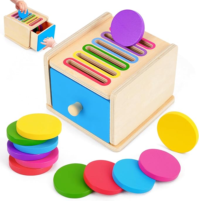 FCSONU Toddlers Montessori Coin Box Toys for 1 2 3 Year Old Boys Girls, Drawer Box Toy for Ages 2-4 Kids, Learning Color Sorting Sensory Toys, New Year Birthday for Baby 12-18 Months