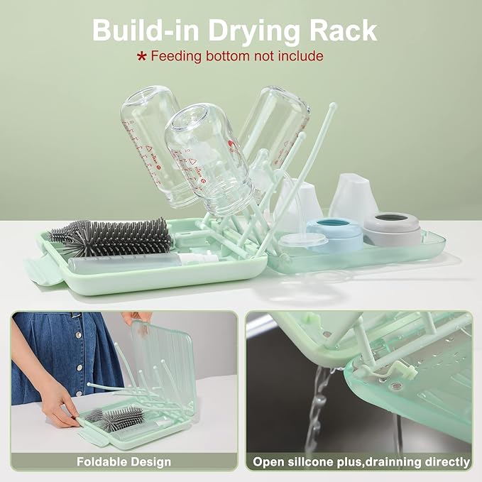 6 in 1 Bottle Cleaner Brush Set with Travel Bottle Drying Racks,360° Cleaning Baby Bottle Brush,Nipple Brush,Straw Cleaner Brush,Soap Dispenser & Organizer Case,Baby Essentials for Home&Travel(Green)