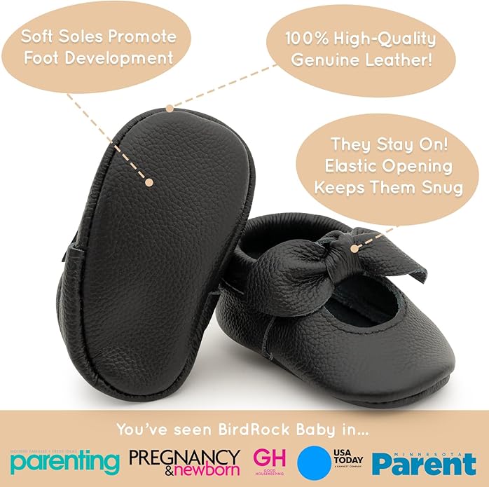 BirdRock Baby Bow and Knot Moccasins - Genuine Leather Baby Girl Shoes