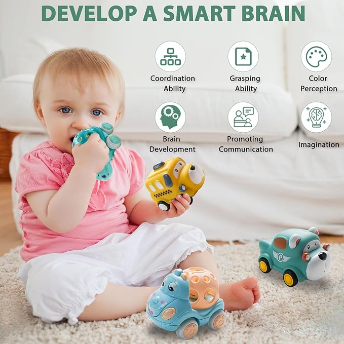 Car Toys for Babies Toddlers 1-3,Rattles Toy Car，Animals Friction Powered Push Toy Cars, 1 Year Old Girl Gifts，1 Year Old Boy Gift,First Ideal Early for Educational Toys
