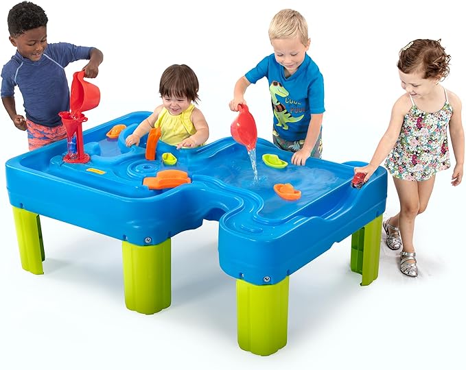 Simplay3 Big River and Roads Water Play Table, Outdoor Activity Table with Track Toys for Toddlers and Kids, 9 Accessories Included, Made in USA