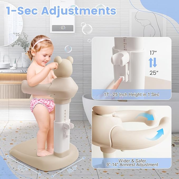Adjustable Baby Shower Stand with Slip Base,Huggable Bear Bathing Support,Portable Shower Baby Stand,Bath Standing Shower with Toy Little Duck, Baby Bath Seat(Caramel)
