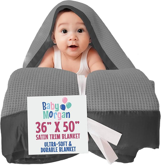 Blankets - Thermal Waffle Warm Baby Blanket for Crib - Soft and Cozy Baby Crib Blanket for Nursery, Stroller, or Naptime Comfort - Ideal Shower Gift - Gray, Satin Trim (36" x 50")