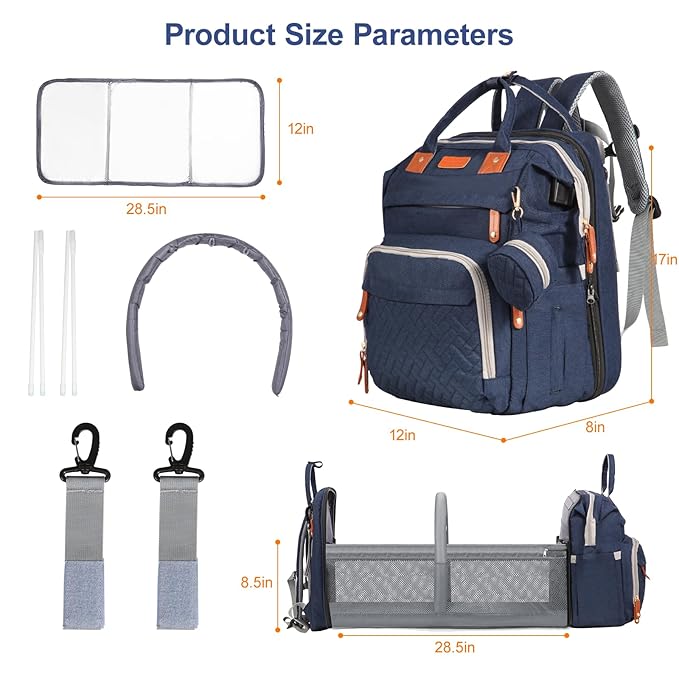 Baby Diaper Bag Backpack, with Diaper Changing Station, Multi-functional Travel Diaper Waterproof Backpack, for Baby Boys and Girls, Folding Portable Nappy Changing Mat and Sun Canopy(Large Blue)