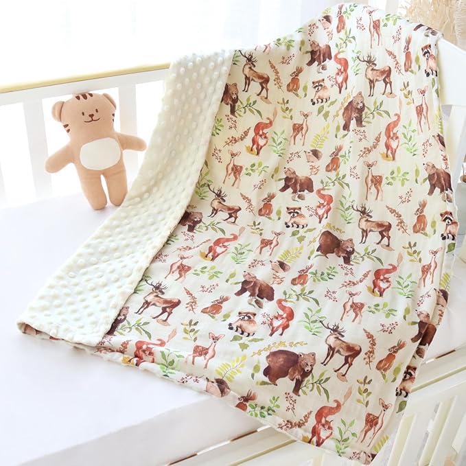 LifeTree Baby Blankets for Boys Girls, Soft Double Layer Swaddle Blankets, Muslin Front and Dotted Fleece Backing Receiving Bed Throw Blanket for Newborn Unisex, 31X40 Inches, Woodland