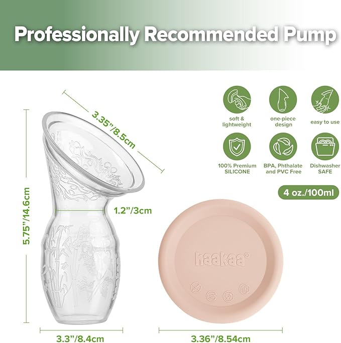haakaa Manual Breast Pump & Silicone Cap Combo for Nursing Mom (Blush, 4oz. with Base)