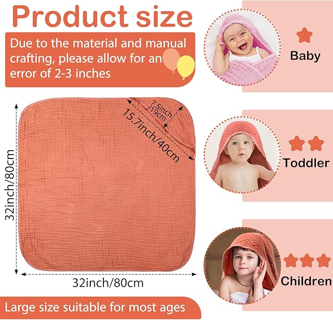 VitalCozy 6 Pcs Baby Muslin Hooded Bath Towels and Washcloths, 32 x 32 Inch Cotton Absorbent Blankets for Newborn Infant Shower Gift (Pink, Orange)