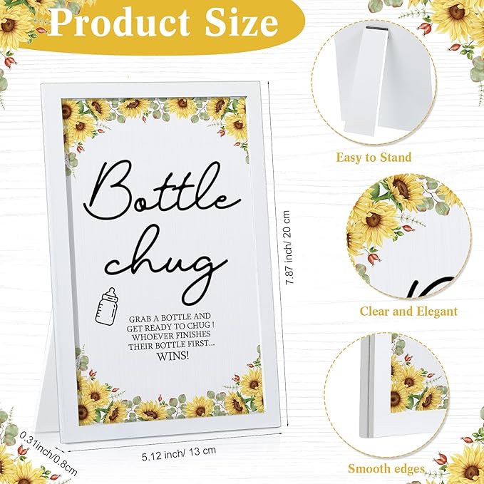 Roowest Bottle Chug Baby Shower Game Favors Including Sunflower Theme Wooden Sign and 18 Pcs Baby Bottles for Gender Reveal Party Supplies