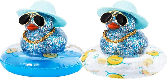 wonuu 2Pcs Car Dashboard Decorations Color Ducks, Rubber Duck for Car Ornament Accessories with Mini Hat Sunglasses Necklace and Swim Ring, B_Dark Blue Duck+Blue Sun Hat&Blue Sun Hat