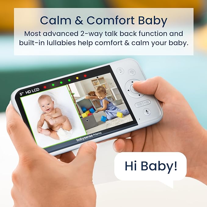 Babysense Prisma Baby Monitor with Camera and Audio, 5” HD Video Baby Monitor with 2 Cameras, 6-Color Night Light, Split Screen, Sound Machine with White Noise & Lullabies, Secure No WiFi