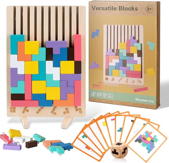 JONEG Games for 3+ Year Olds Kids- Wooden Stacking Puzzles Tetris - Brain Teasers 3D Russian Blocks Board - STEM Montessori Toys for Ages 3 4 5 6 7 10 - Gift for Toddlers Classroom Travel