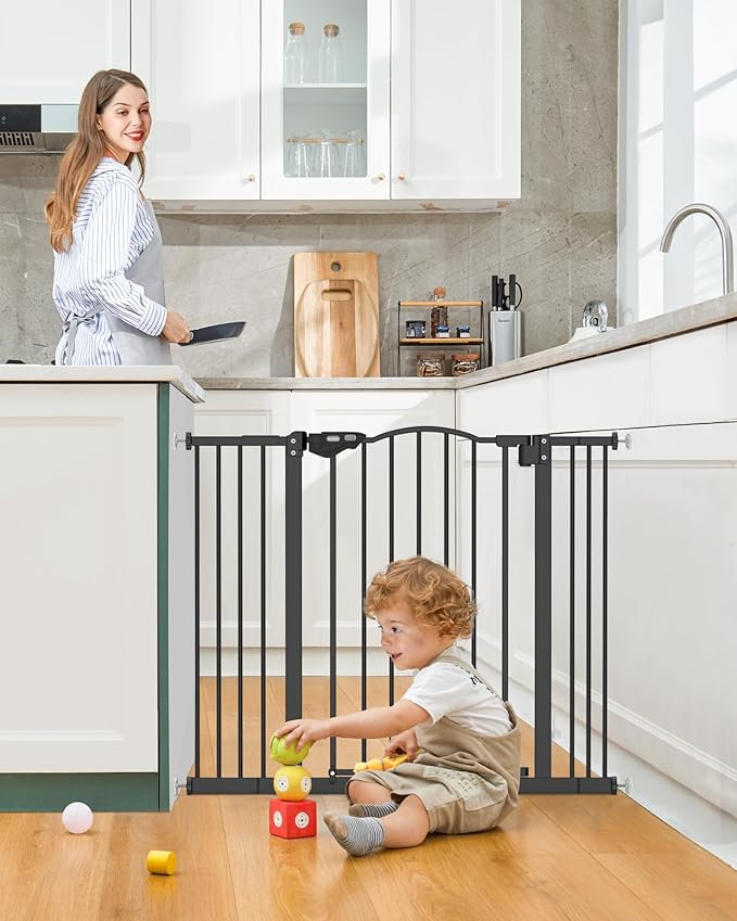 InnoTruth 29-39.6”Baby Gate for Stairs & Doorways,30" Tall Dog Gate for Pets,Dual-Lock Safety and One Hand Opening Design,Pet Gate for Hallways,Outdoors,Wall-Friendly Pressure Mounted, Pure Black