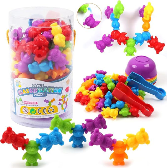 UNIQUE KIDS Counting Matching Game with Sorting Cups, Color Classification and Sensory Training Educational Learning Toys Set Gift for Toddlers Preschool Ages 3 Years and up (New Stacking Monkey)