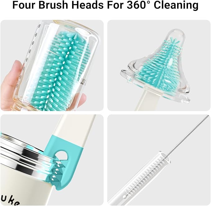 Baby Bottle Brush Cleaner Set - 7 in 1 Travel Bottle Cleaning Brush Kit with Silicone Bottle Brush, Nipple Brush, Soap Dispenser, Portable Drying Rack, Breast Pump & Bottle Cleaning Kit - Lake Green