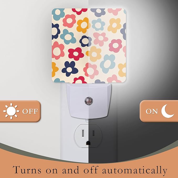 Vintage Groovy Flowers Night Light with Dusk to Dawn Sensor for Kid Girls Boys Women Men Room Decor, Hallway, Kitchen, Bathroom, Nursery, Stairs