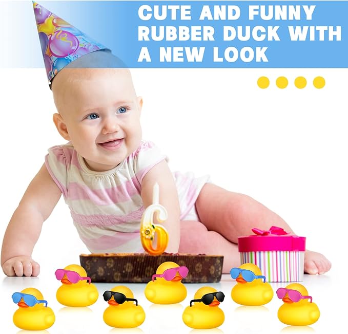 Chivao 12 Pcs Rubber Ducks with 12 Sunglasses/ Hats/ Headwear Small Mini Carnival Cruise Birthday Rubber Duckies Bathtub Toys in Bulk(Duck with Colored Glasses,Yellow)
