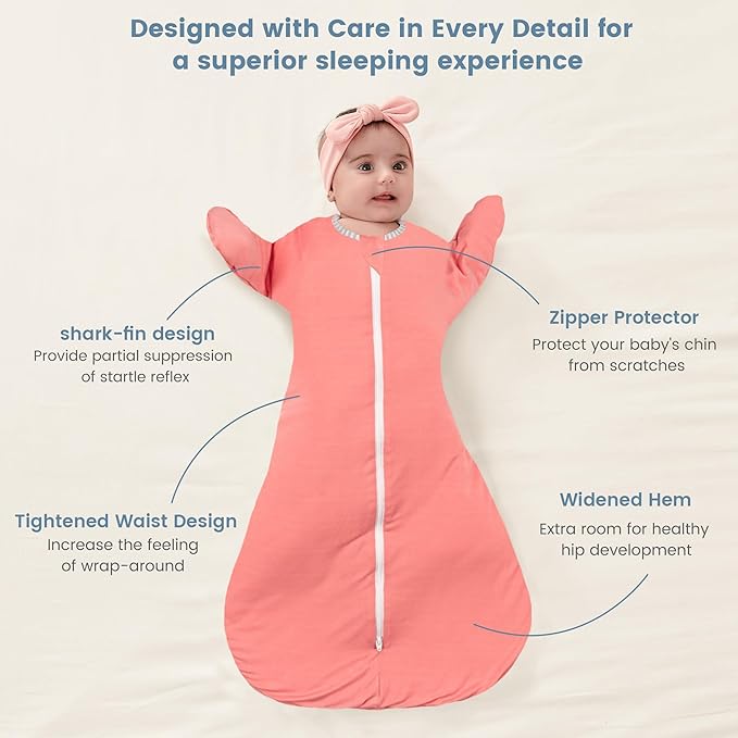 ZIGJOY Shark-Fin Transition Swaddle - 2.5 Tog Rayon Made from Bamboo Sleep Sack Transitional Swaddle Sack Baby Wearable Blanket, Peach Pink, 6-12 Months
