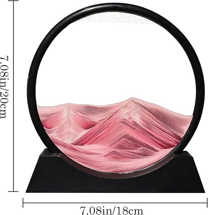 Aoderun Moving Sand Art Picture Round Glass 3D Deep Sea Sandscape in Motion Display Flowing Sand Frame Relaxing Desktop Home Office Work Decor (7", Pink)