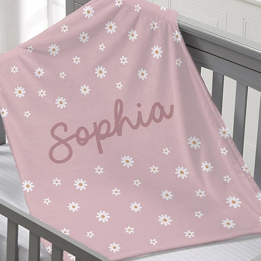 Personalized Baby Blanket for Kids Girls Boys. Custom Baby Blanket with Name for Newborn Swaddle Toddler, Nursery Decor Kids Blanket. (Retro Daisy)
