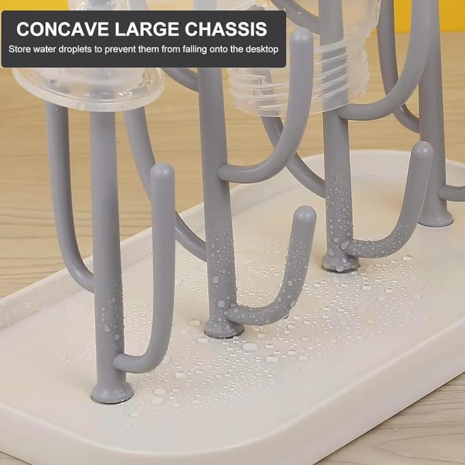 Baby Bottle Drying Rack with Base, Creative Tree Branch Baby Bottle Dryer Holder for Bottles, Teats, Cups, Pump Parts and Accessories (Gray)