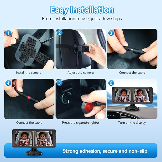 Dual Baby Car Camera for 2 Kids - 6.86 Inch IPS AHD 1080P Split Screen Monitor with 2 Backseat Cameras, Cigarette Lighter & USB Powered, IR Night Vision, 360° Rotatable, Rear-Facing Mirror